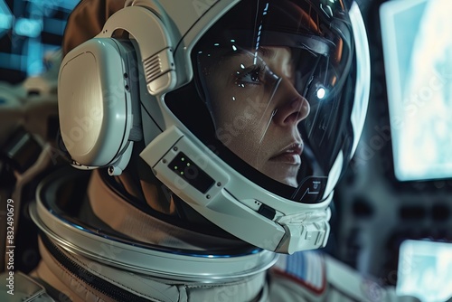 A female astronaut looks out of her helmet, her face reflecting the glow of the control panel. She gazes into the vast unknown, a mix of wonder and determination in her eyes.