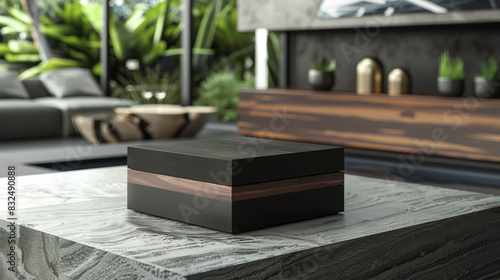 A modern, square packaging box with a black matte finish and a dark walnut wooden accent on the top, displayed in a trade show environment with sleek stands, © PhotoRK