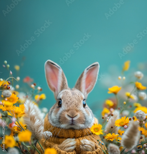 Vintage rabbit holding a bouquet of wildflowers on a pastel green background, rabbit portrait , Retro and vintage style concept, copy space wild life background banner 