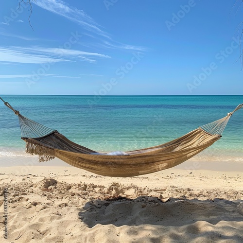 Experience pure bliss with a scene of a hammock swaying between two palm trees on a tropical beach, overlooking clear turquoise waters and powdery white sand