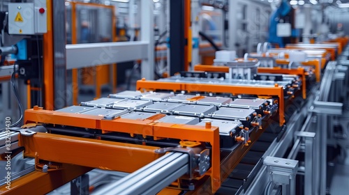Closeup view of an assembly line producing electric vehicle battery cells © Shutter2U