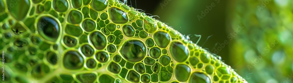 Cross section of a leaf, with cells powered by tiny bio engines, illustrating photosynthesis and energy conversion Cross section of a leaf, with cells powered by tiny bio engines, illustrating photosynthesis and energy conversion