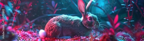 Cyber enhanced rabbits with speed modules, darting through neon underbrush in experimental ecosystems photo