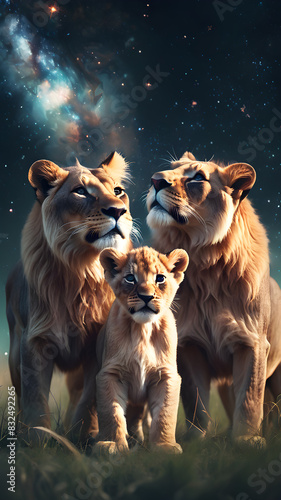 Stunning pictures where two playful little lions stand side by side with their graceful mother. great lion In a field full of life and movement Combine the endless environment of the boundless and 