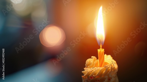 Detailed shot of a birthday candle flame, capturing the flicker and warm glow, great for atmospheric celebration scenes photo