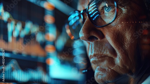 Detailed view of a stockbroker in deep concentration, analyzing market data, suitable for portraying the intensity of stock trading