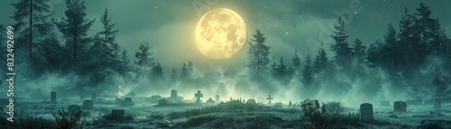 Digital landscape of a moonlit graveyard, eerie fog swirling between tombstones , overgrown grass , midnight , ghostly moonlight photo
