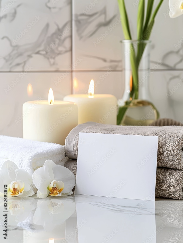 A blank card on a luxurious bathroom counter with spa items like candles and towels, ideal for wellness or beauty-related messages. A blank card on a luxurious bathroom counter with spa items like candles and towels, ideal for wellness or beauty-related messages.