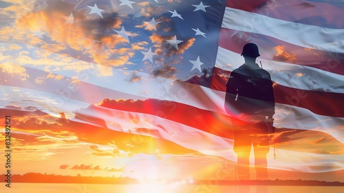 Double exposure Silhouette of Soldier on the United States flag in sunset for Veterans Day is an official USA public holiday background,copy space photo