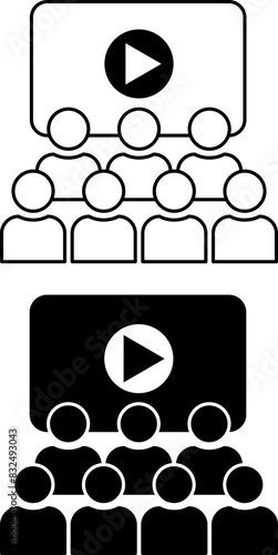 Cinema icons. Black and White Vector Icons. People Watch Movies on the Big Screen. Cinema. Concept of Film Industry, Filmmaking and Video Production