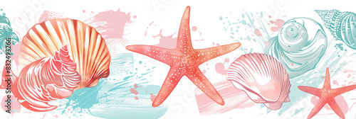 Watercolor pattern with starfish, seashells, and coral in pastel colors, banner. Panoramic web header. Wide screen wallpaper