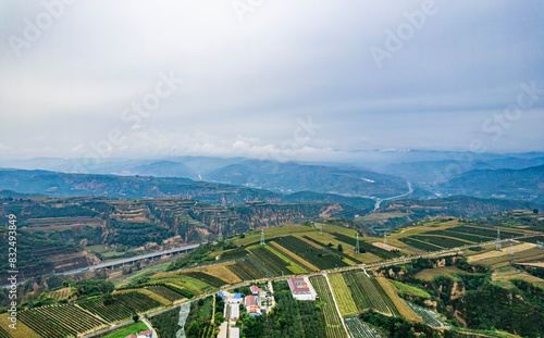 Aerial photo of Loess Plateau landscape in Xiangning County, Linfen City, Shanxi Province photo
