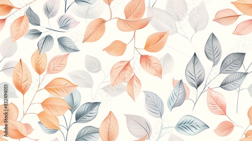 Seamless pattern of hand-drawn pastel-colored leaves and branches, creating a soft and natural design