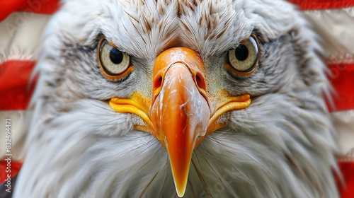 Closeup of a bald eagle with a stern expression against the backdrop of the American flag, symbolizing strength and patriotism. photo
