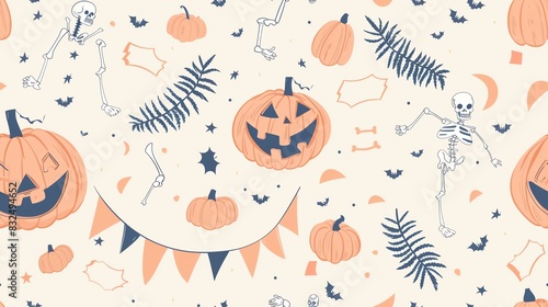 Soft pastel-colored seamless pattern with hand-drawn leaves, small flowers, and squirrels, showcasing a harmonious and whimsical design