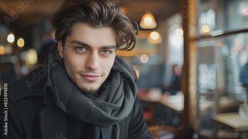Wallpaper Mural handsome young man in scarf and coat at cafe lifestyle portrait Torontodigital.ca
