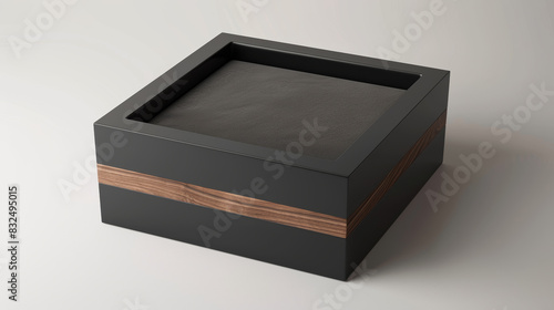 A modern, square packaging box with a black matte finish and a dark walnut wooden accent on the top, displayed in a trade show environment with sleek stands,