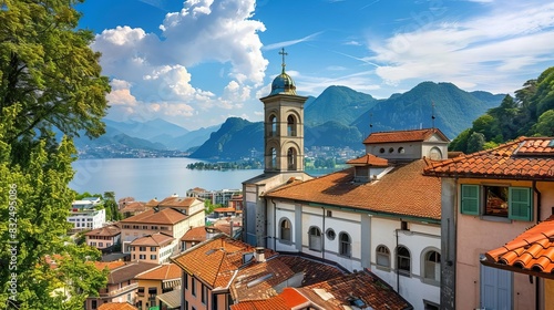 Scenic view of Lugano cityscape with the Cathedral of Saint Lawrence and lake photo