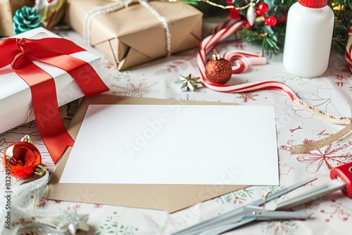 A blank card on a holiday gift-wrapping table with ribbons and wrapping paper, providing a festive and creative setting for holiday promotions or greetings.