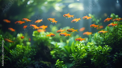 An aquarium with a variety of tropical fish swimming among green aquatic plants © Vladimir