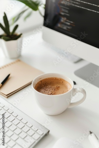 A clean  minimalist workspace featuring a computer  notepad  and a cup of coffee on a white desk  with a significant amount of blank space above for adding promotional text.