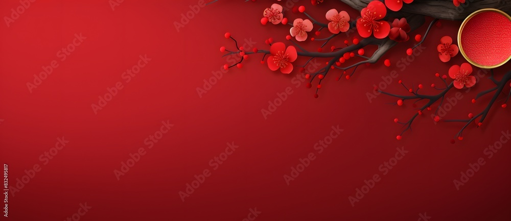 A red background with a branch of red plum blossoms and a traditional red container, evoking a sense of elegance and simplicity.