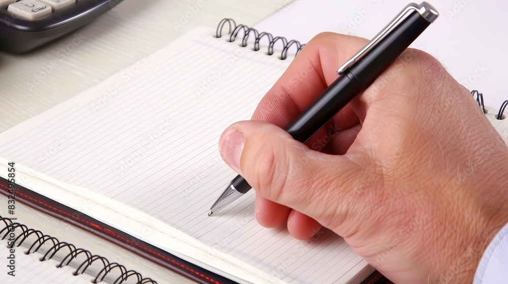 A close-up of a hand writing in a notebook on a tidy desk, with a large blank area on the right side for copy space. A close-up of a hand writing in a notebook on a tidy desk, with a large blank area on the right side for copy space.