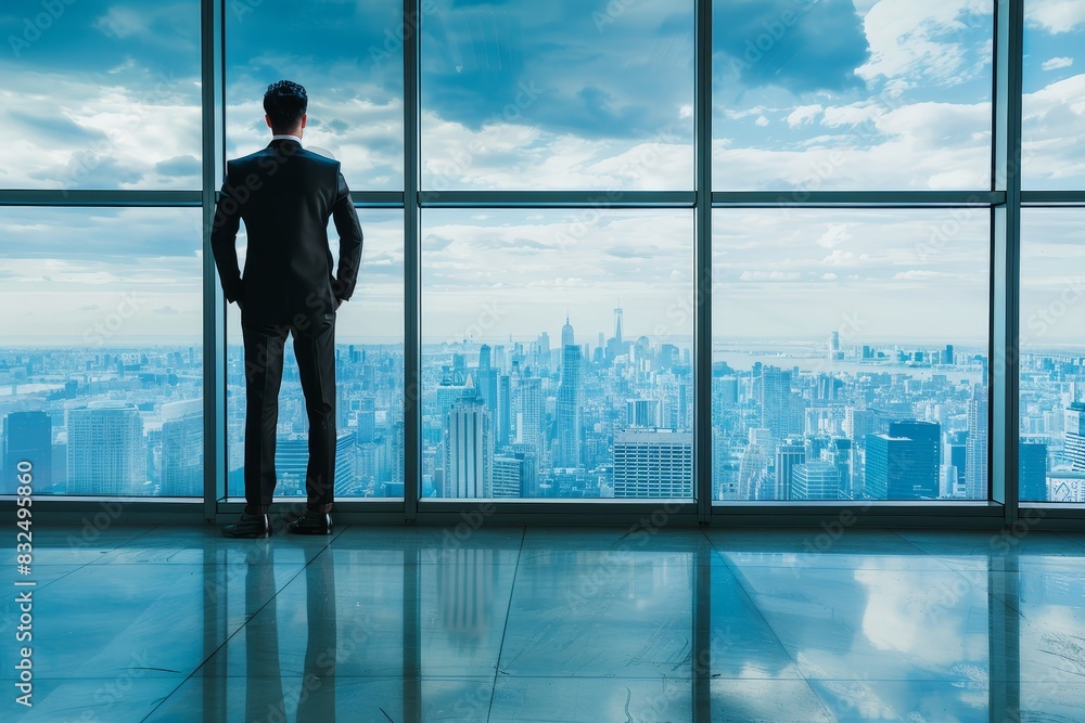 A businessman in a formal suit standing in front of a large glass window, with a cityscape view and ample space for copy space on the right side. A businessman in a formal suit standing in front of a large glass window, with a cityscape view and ample space for copy space on the right side.
