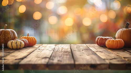 Wooden table with a Thanksgivingthemed blurred background photo