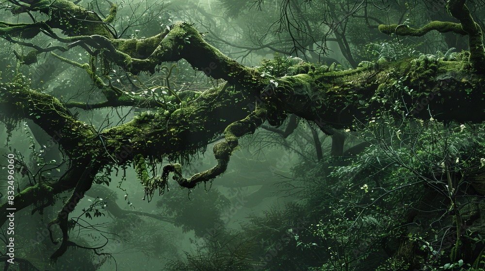 Mysterious mossy forest branch in a foggy atmosphere