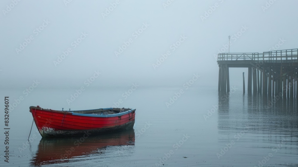 A Misty Day by the River Blyth in Southwold Suffolk Featuring a Pier and Red Fishing Boat A Misty Day by the River Blyth in Southwold Suffolk Featuring a Pier and Red Fishing Boat