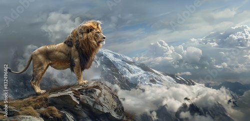 lion standing proudly on a rocky mountain banner