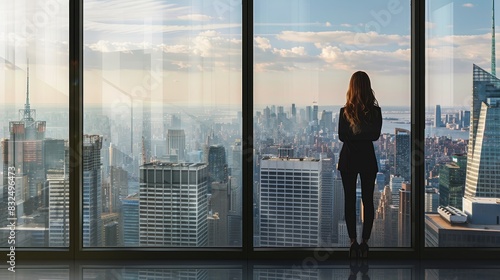 A professional woman standing in front of a large window with a cityscape view, with ample space for copy space on the right side.