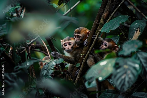 group of small monkeys sitting up on trees in green leaves