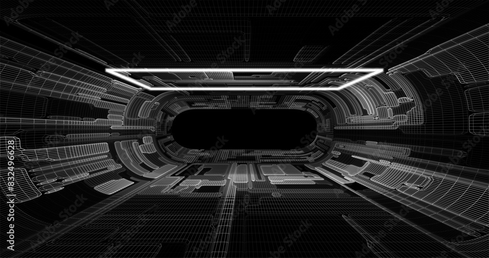 Fototapeta premium Futuristic low poly sci-fi laboratory or spaceship corridor with neon light. Vector illustration