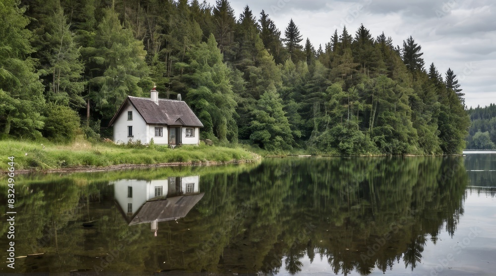 Obraz premium Secluded Lakefront Cottage with Reflection