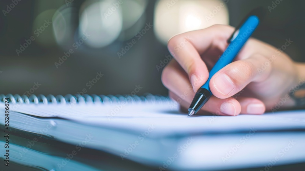 A close-up of a hand writing on a notepad, with a blank area to the right for copy space. A close-up of a hand writing on a notepad, with a blank area to the right for copy space.