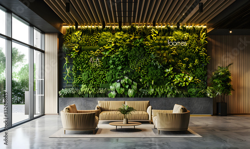 interior of modern entrance hall in modern office building Close up of a brown leather sofa in a cozy living room with green plants. Architecture décor eco concept. 