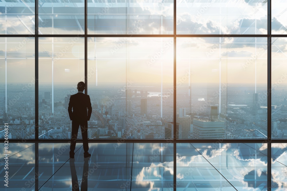 Fototapeta premium A businessman in a formal suit standing in front of a large glass window, with a cityscape view and ample space for copy space on the right side.