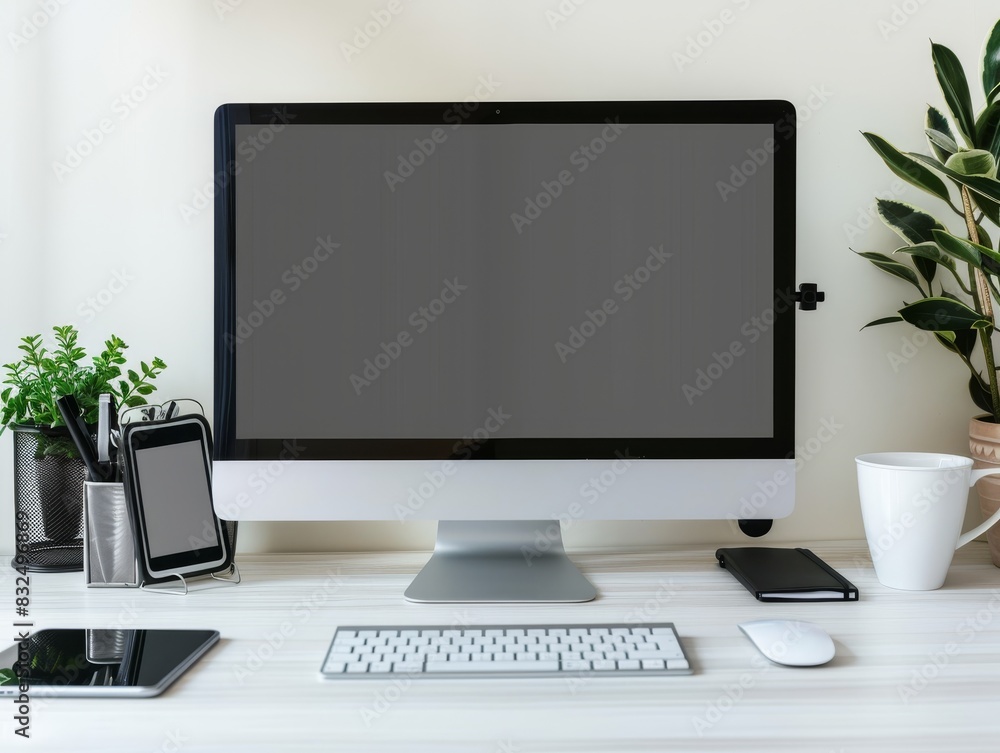 A professional workspace with a desktop computer, a phone, and office supplies neatly arranged, with a significant amount of blank space above for text. A professional workspace with a desktop computer, a phone, and office supplies neatly arranged, with a significant amount of blank space above for text.