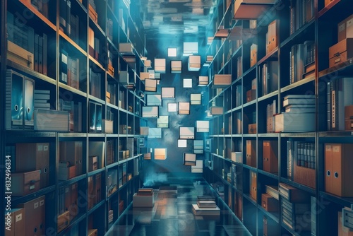 A labyrinth of old file cabinets transitioning into a cloud storage system generated by AI