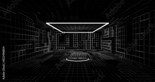 Futuristic low poly sci-fi laboratory or spaceship corridor with neon light. Vector illustration