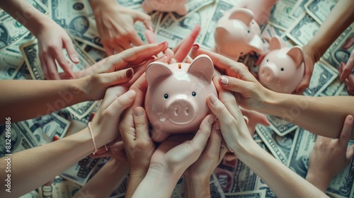 A group of people are holding a piggy bank full of money. photo