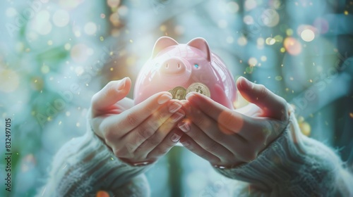 Close-up of woman's hands holding a piggy bank. © Sittipol 