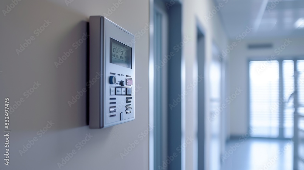 An air conditioning and heating control panel installed neatly on a white wall An air conditioning and heating control panel installed neatly on a white wall