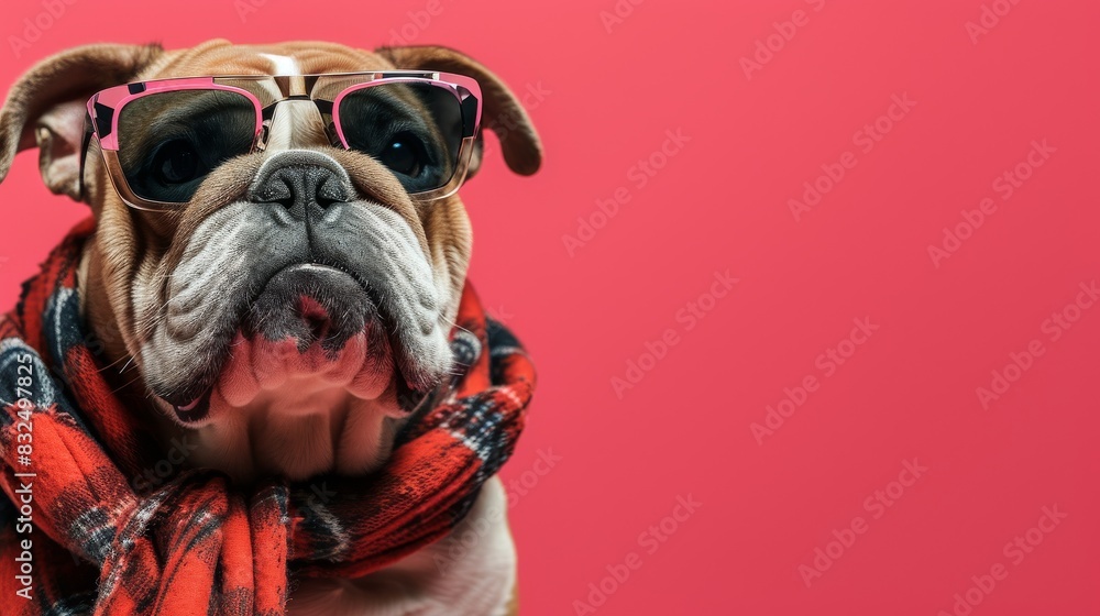 Bulldog wearing stylish and quirky fashion accessories Bulldog wearing stylish and quirky fashion accessories