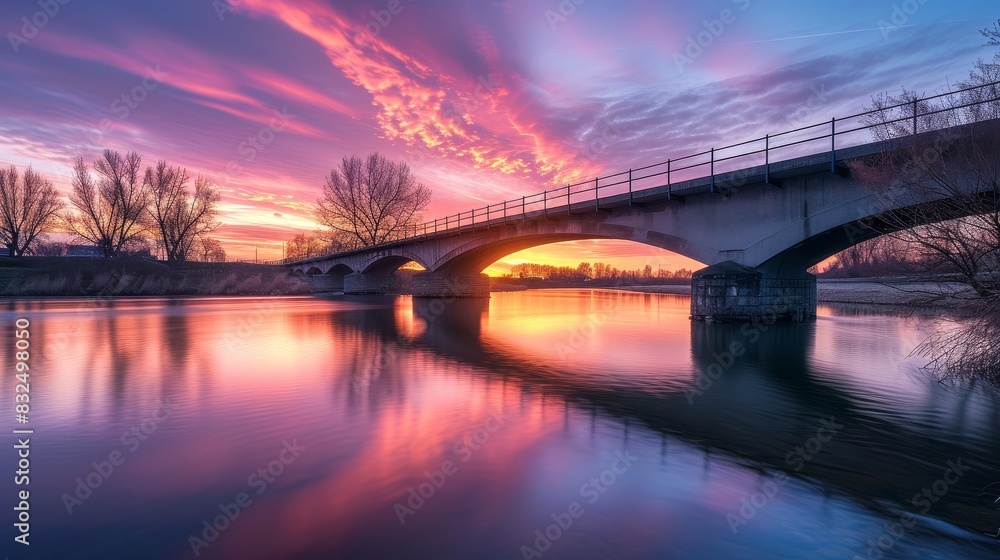 A bridge over a river during sunrise, painted with the soft A bridge over a river during sunrise, painted with the soft