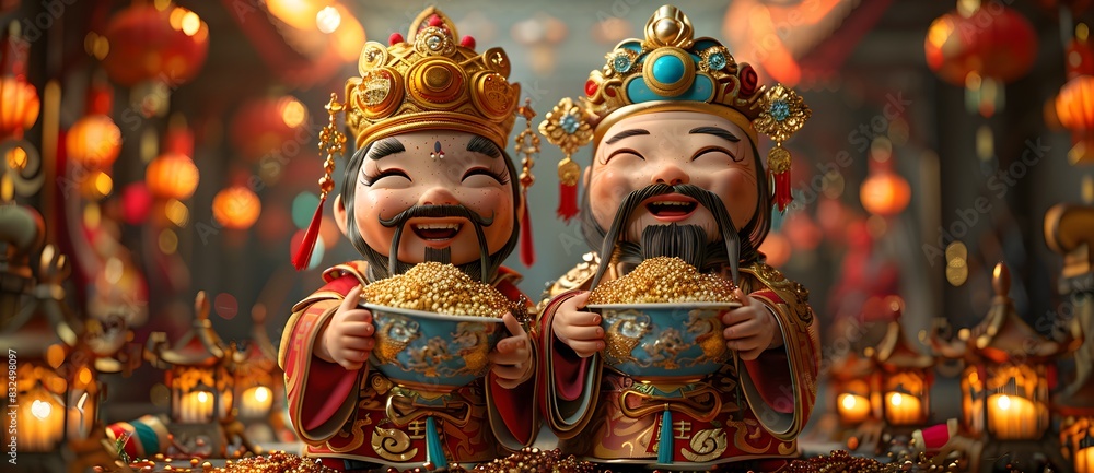 Two cheerful figures dressed in traditional Chinese royal attire hold bowls filled with gold, surrounded by vibrant lanterns and festive decorations.