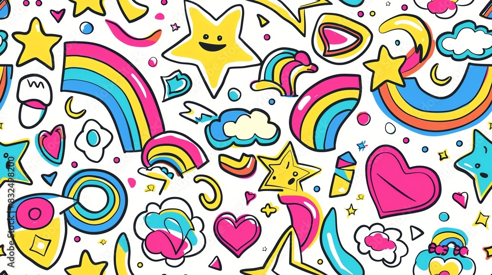 Fototapeta premium Hand-drawn seamless pattern featuring LGBTQ Pride symbols like rainbows, stars, and peace signs in bright, cheerful colors