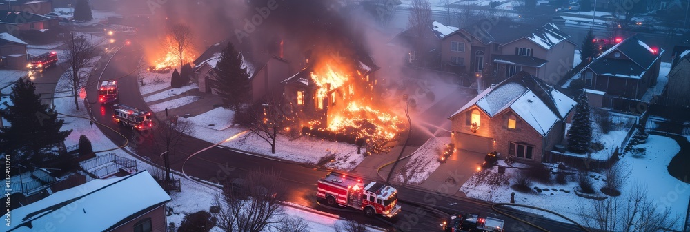 House fire, with fire trucks and emergency responders at the scene House fire, with fire trucks and emergency responders at the scene